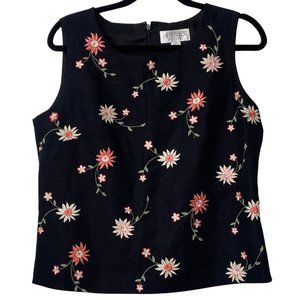 Black linen blend top with floral embroidery Size 12 Petite / Large